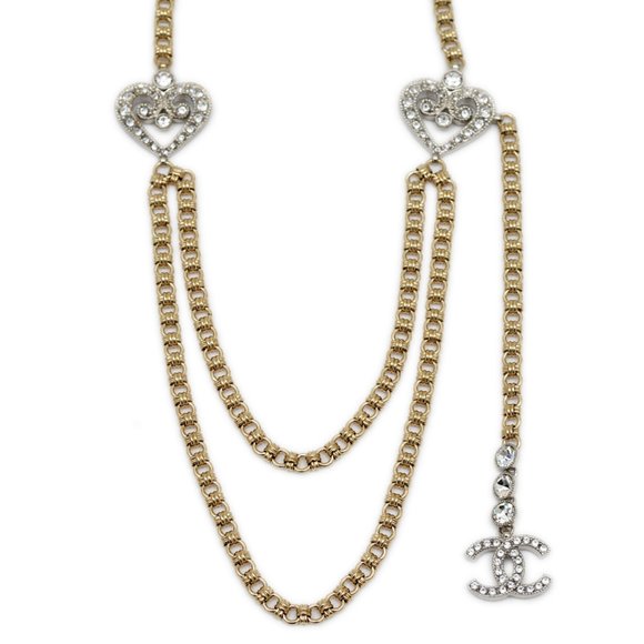 Chanel necklace with heart motif, rhinestones, gold and silver, I23K BP - Picture 1 of 6